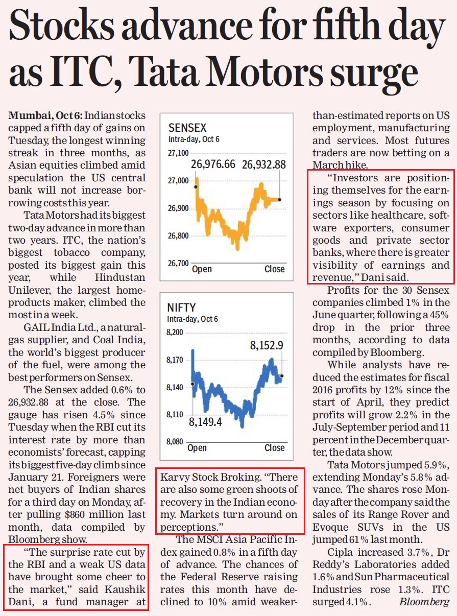 Stocks advance for fifth day as ITC, Tata Motors surge